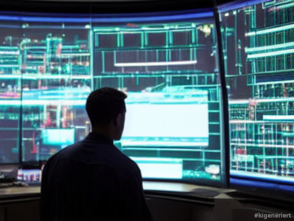 A blue-coller worker operates futuristic holographic screens in a dark, high-tech control room overlooking a city at night.